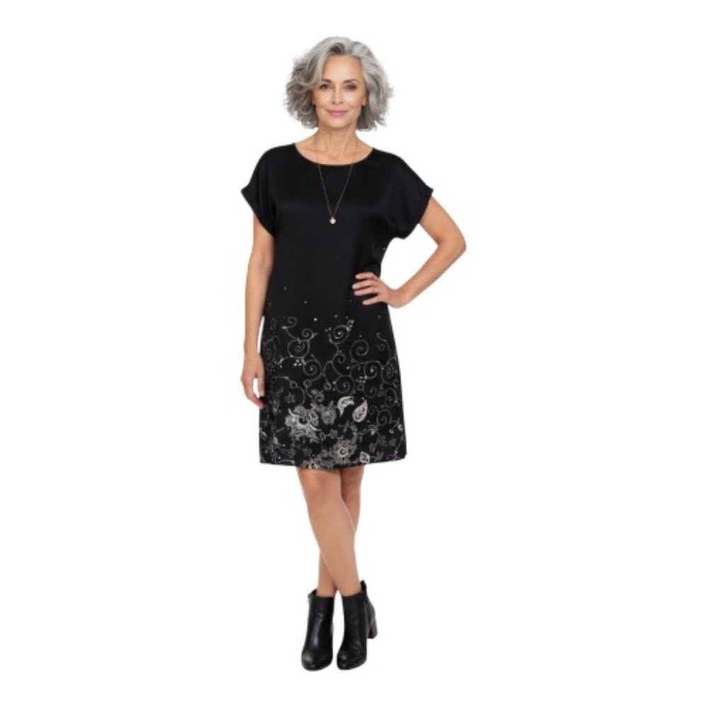 Garnet Hill Oversized Size 4 Black Floral Capped Sleeve Back Tie Silk Dress